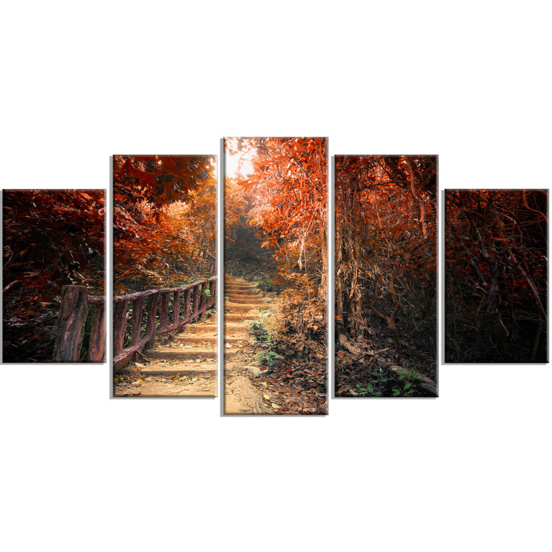 « escalier through red automne forest », ensemble de 5 reproductions d’art mural sur toiles tendues