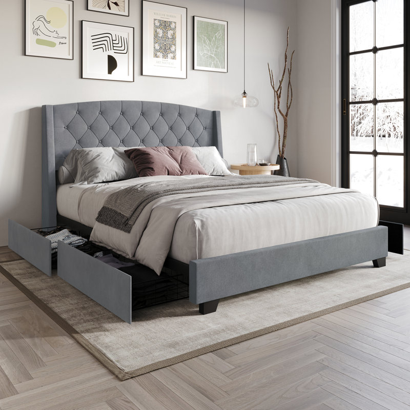 Laksha Upholstered Wingback Storage Bed, Full/Double, Dark Gray
