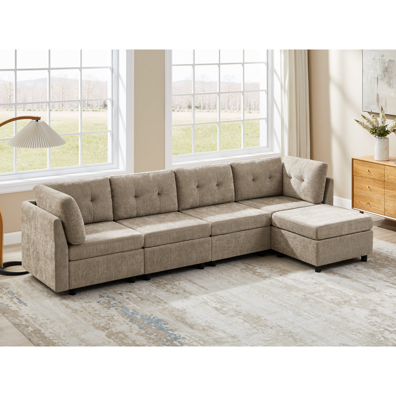 Canapé modulaire rembourré en chenille avec repose-pieds Chenille, Polyester brun clair