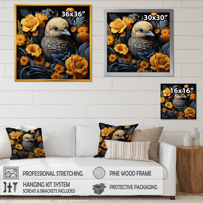 «Cute Chicken Plumage», art mural animal de poule, Cadre simple noir, H 36 po x l 36 po x P 1,5 po