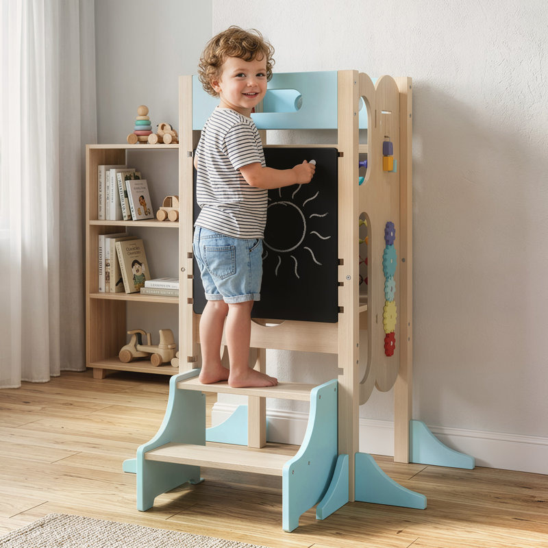 Marchepied de cuisine 6 en 1 pour tout-petits, tour d'apprentissage Montessori pliable avec tableau noir, boulier, horloge, marches amovibles, hauteur réglable, cadeau idéal pour les enfants de 3 à 6 ans (garçons et filles), bleu