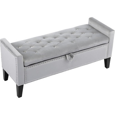 Storage Ottoman Bench, 45'' Upholstered Button Tufted End Of Bed Bench, Modern Entryway Ottoman With Arms, Grey