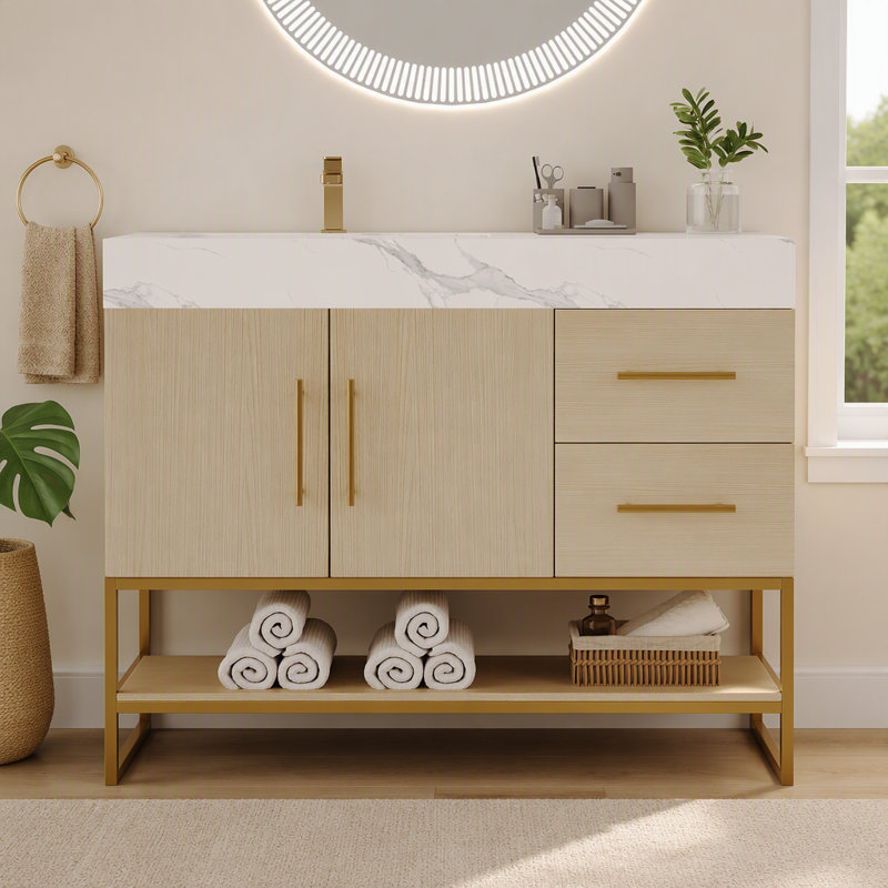 Meuble-lavabo autoportant moderne 36 po avec lavabo en céramique sans soudure et plateau en pierre frittée, Wood