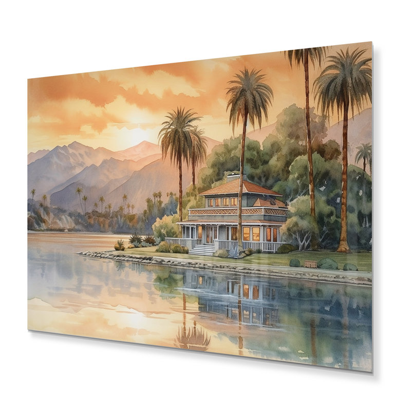Dessin d'une maison près de l'eau au coucher du soleil - Impression sur toile non encadrée, H 16 po x l 32 po x P 1 po