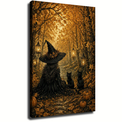 Tableau vintage sur toile pour l'Halloween, sorcière avec chats noirs et citrouilles dans une forêt dorée d'automne, décoration automnale effrayante pour salon ou chambre.