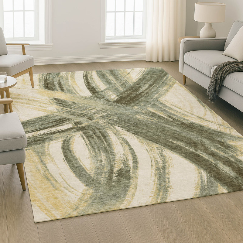 Premium Machine Washable Mayfield AMF2421 Abstract Rug, Olive, 5' x 7'6"