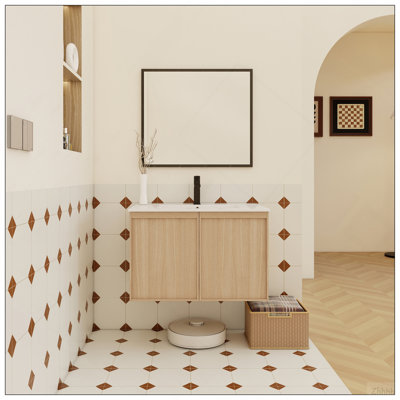Meuble-lavabo flottant 30 po avec lavabo, armoire murale moderne en chêne clair, cuve en céramique à bord mince, portes à fermeture en douceur, rangement spacieux, installation facile
