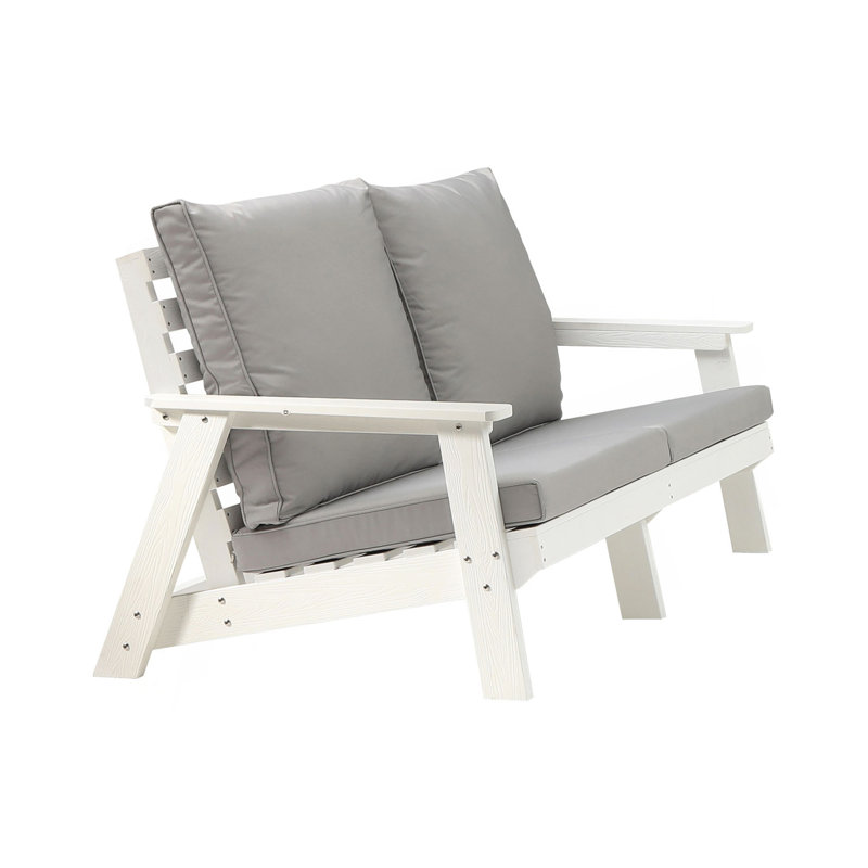 Causeuse avec coussin, canapé de jardin extérieur grain de bois, blanc / gris