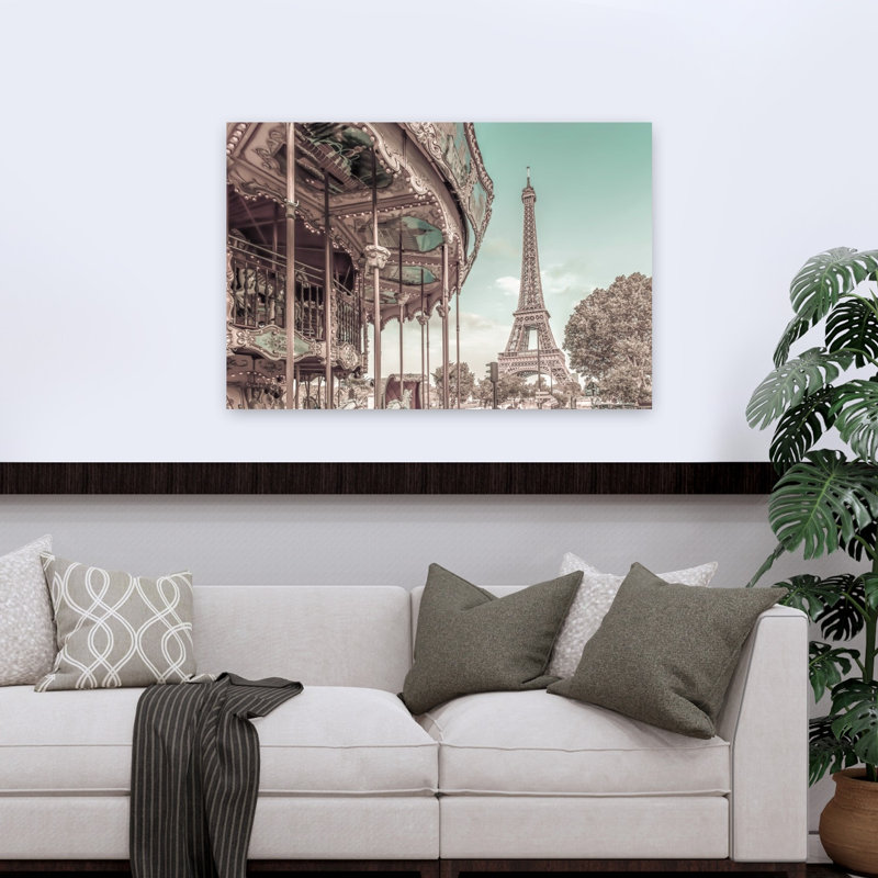 Eiffel Tower Carousel Dream Retro Vintage Abstract Architecture City Wall Art Print, 32" H x 48" W