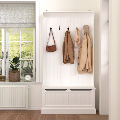 Banc d'entrée avec portemanteau, arbre d'entrée avec banc de rangement pour chaussures, rangement pour hall d'entrée avec 5 crochets, blanc