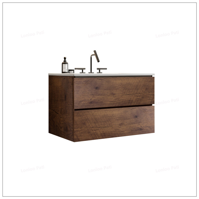 Meuble-lavabo mural de 30 po avec lavabo en céramique et trois trous de robinet, Noyer