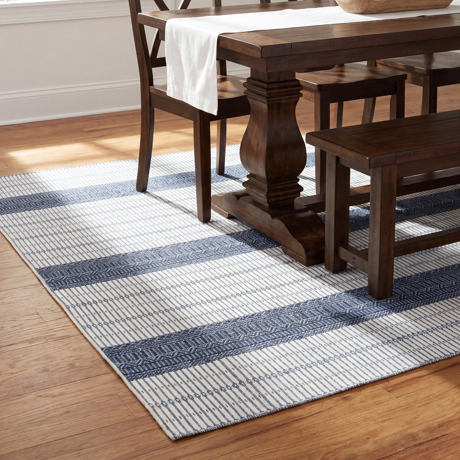 Danforth Blue Beige Striped Indoor Outdoor Rug, Rectangle 5'3" x 7'
