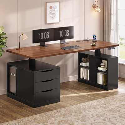 Farmhouse Electric Standing Desk, 63" Height Adjustable Computer Desk With 3 Drawers