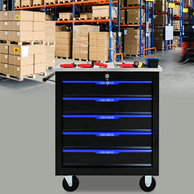 Black + Blue 5 Drawers Tool Trolley, Materials, 4" , And Long-Lasting Cart With Wheels - Blue, High Wear Resistance, With Key Lock, Storage