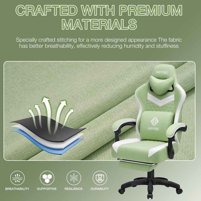 Fauteuil inclinable ergonomique en tissu et jeu de course avec coussin lombaire vibrant, Vert