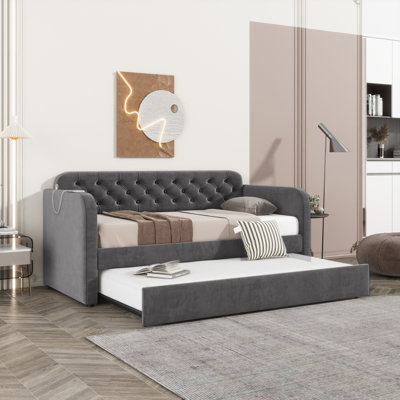 Twin Size Upholstered Daybed With Trundle And USB Charging Design, Velvet Upholstered Daybed Frame, Twin Sofa Bed