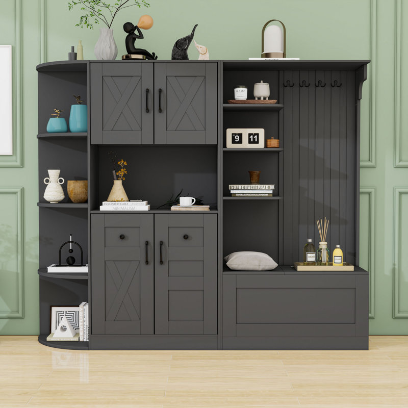 Versatile Hall Tree Combination with Storage Shelves, Hooks, Shoe Bench and Cabinet, Black