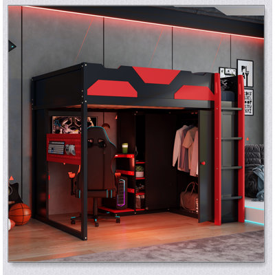 Wood Loft Bed With Desk, Multi-Storage Shelves,USB And RGB Light
