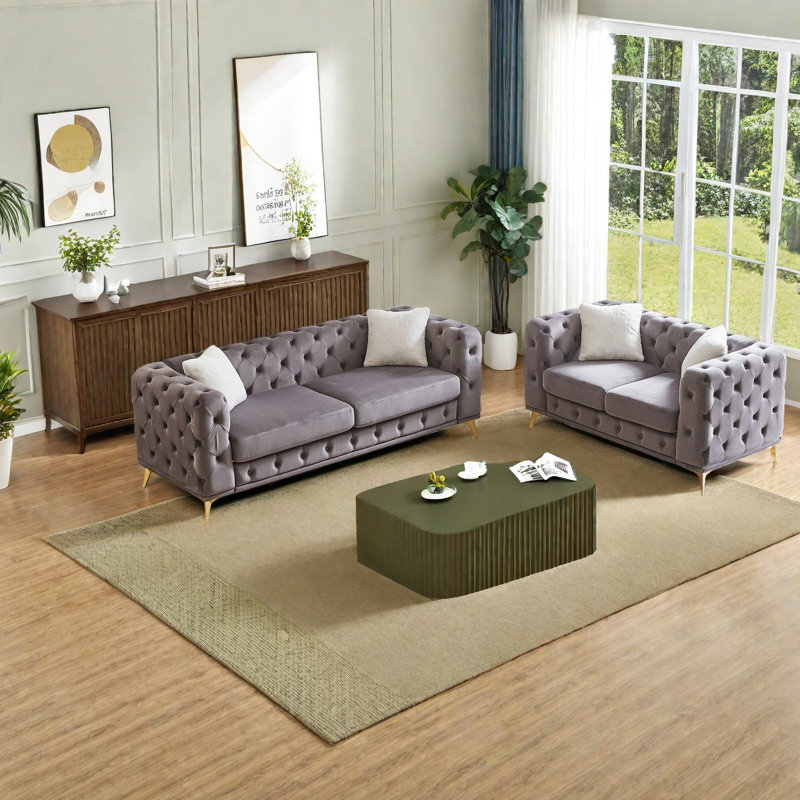 Ensemble de canapés modernes, canapé de compression en velours gris avec cadre en bois pour la maison