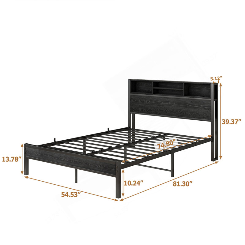 Structure de lit double avec tête de lit, lit plateforme en métal avec station de charge, rangement pour bibliothèque, aucun sommier requis, assemblage facile, silencieux, noir