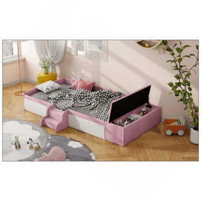 Lit de jour simple rembourré en velours avec escalier et repose-pieds avec rangement à vérin à gaz, couleur contrastante, garde-corps rembourrés, rose et blanc