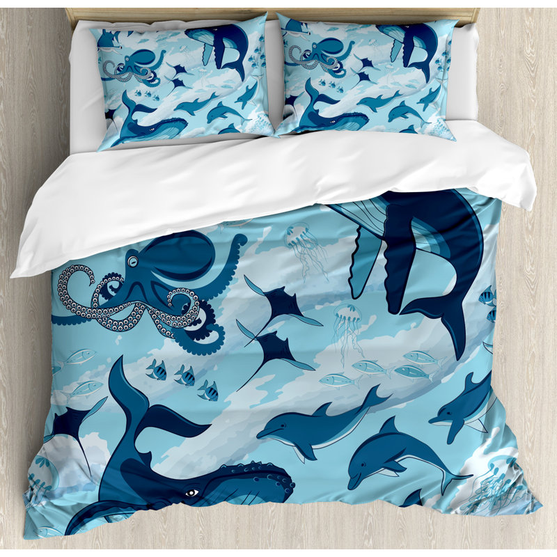 Blue Ocean Life Microfiber Queen Duvet Cover Set