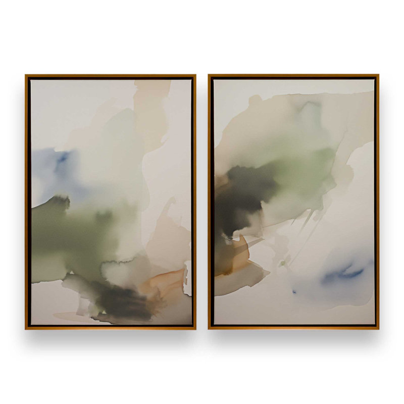 Tranquil Earth Reverie Set of 2 Canvas Prints in a Frame, Polished Gold Floater Framed, 36.75" H x 49.5" W x 1.75" D