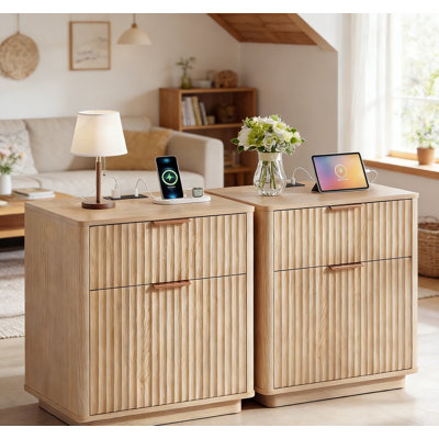 Table de chevet en bois avec station de charge, table de chevet cannelée, commode de table de chevet, P 23,23 po x l 15,35 po x H 24,02 po