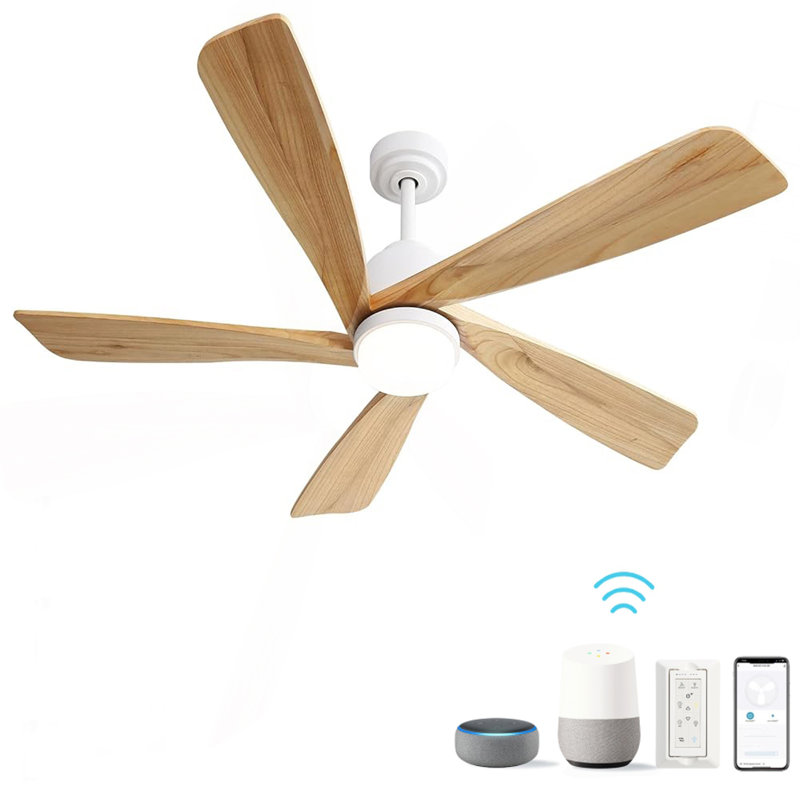 52 Inch Ceiling Fan With Dimmable LED Light 5 Solid Wood Blades Smart Remote Control Reversible DC Motor Ceiling Fan