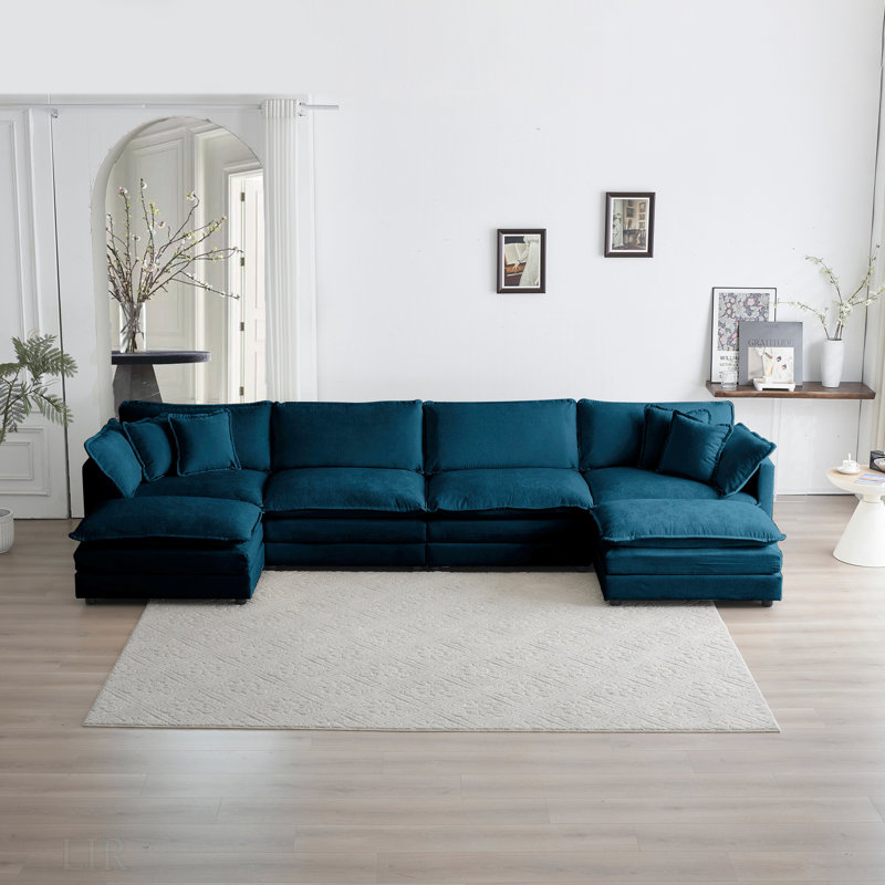 Comfort U Shaped Couch With Reversible Chaise, Modular Large U-Shape Sectional Sofa, Double Extra Ottomans, Blue Chenille