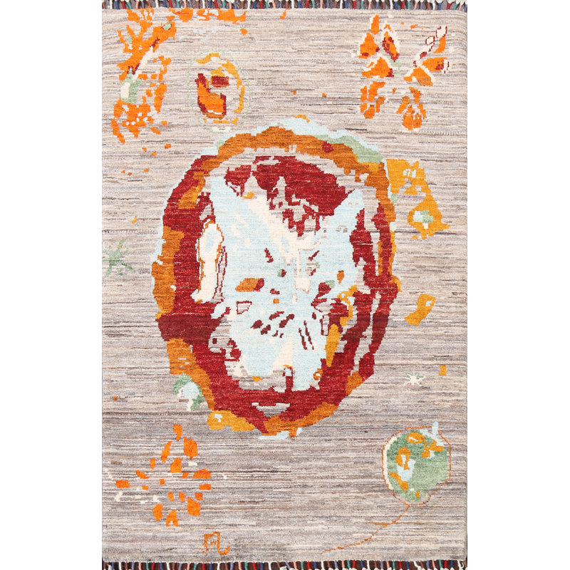 Tapis gris en laine noué à la main de conception unique 2 pi 9 po x 3 pi 11 po Lummie