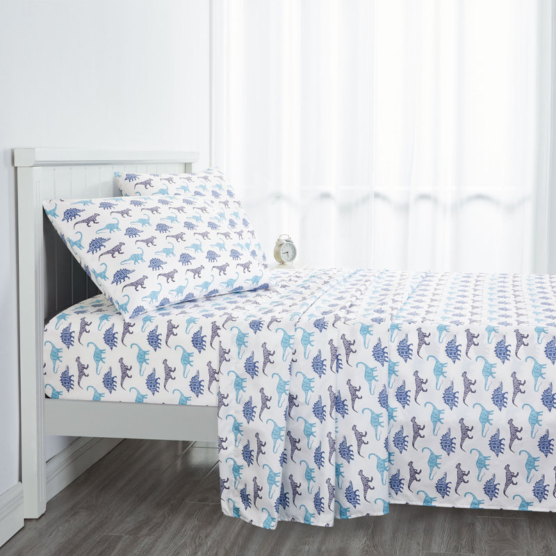 Ensemble de draps 3 pièces Dino School, Purple White/Dino, Ensemble de draps pour lit simple avec 1 taie d'or