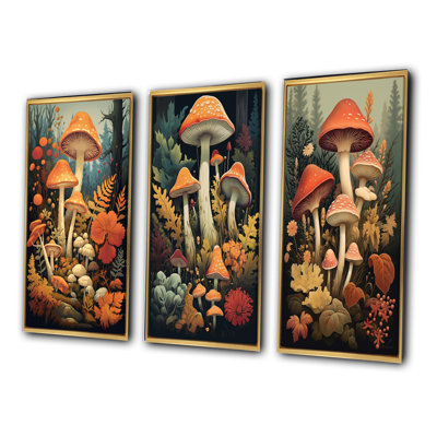 «Autumn Mushroom In Forest Vintage Illustration», 3 pièces sur toile