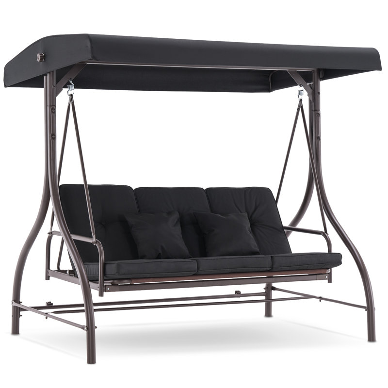 Black 3-Seat Outdoor Patio Swing Chair with Adjustable Backrest