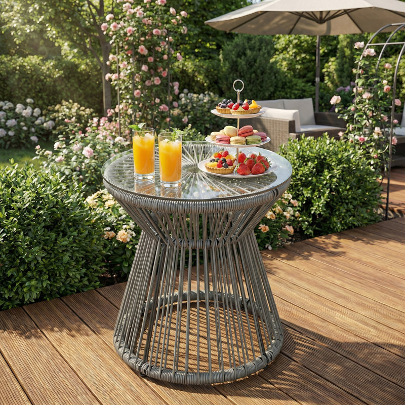 Table de bout en rotin, table d'appoint ronde à tambour creux, gris foncé