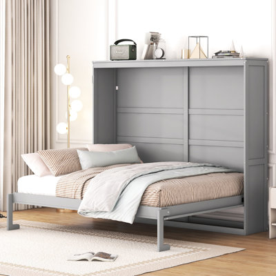 Grand lit mural gris, solution peu encombrante pour les petits appartements et les bureaux, lattes profilées parfaites, espaces compacts, mécanisme de pliage à deux pistons