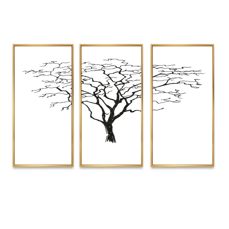 Arbres graphiques noir et blanc - ensemble d'art mural sur toile traditionnel encadré de 3, Cadre doré
