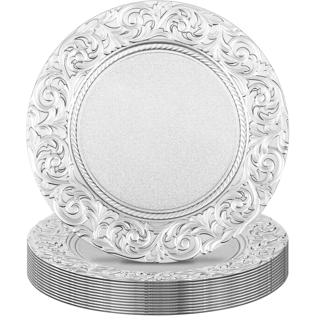 12 Pack 13'' Silver Plastic Embossed Floral Charger Plates for Wedding & Party Table Decor