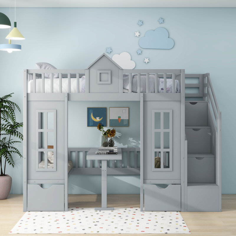 Geraine Bunk Bed with Changeable Table, Bunk Bed Turn into Upper Bed and Down Desk, Twin Over Twin, Gray