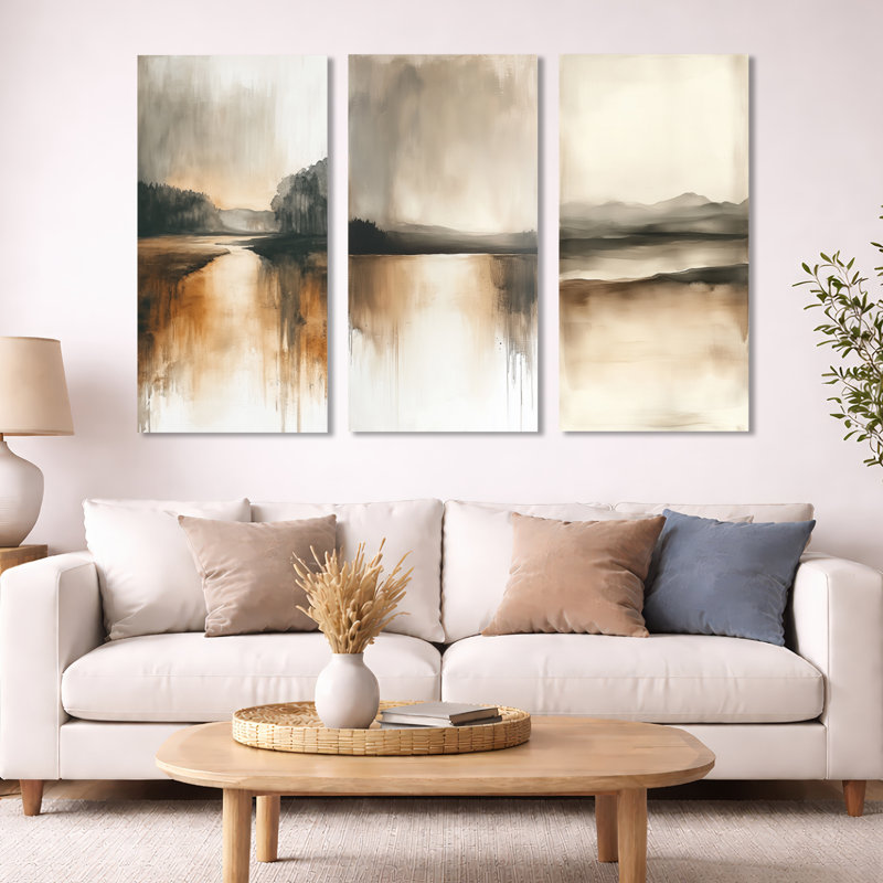 «Beige Lake Hozrion, Calm Nature», art mural encadré 3 pièces, 32" H x 48" W, Wrapped Canvas