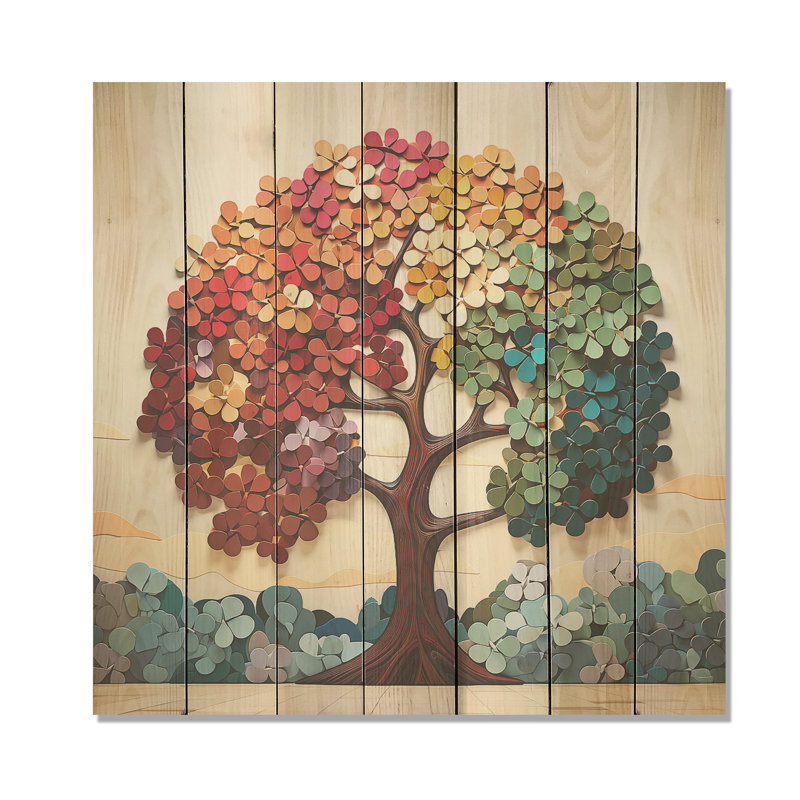 Arbre de tilleul américain coloré et harmonie III - impression sur bois, H 15 po x l 15 po