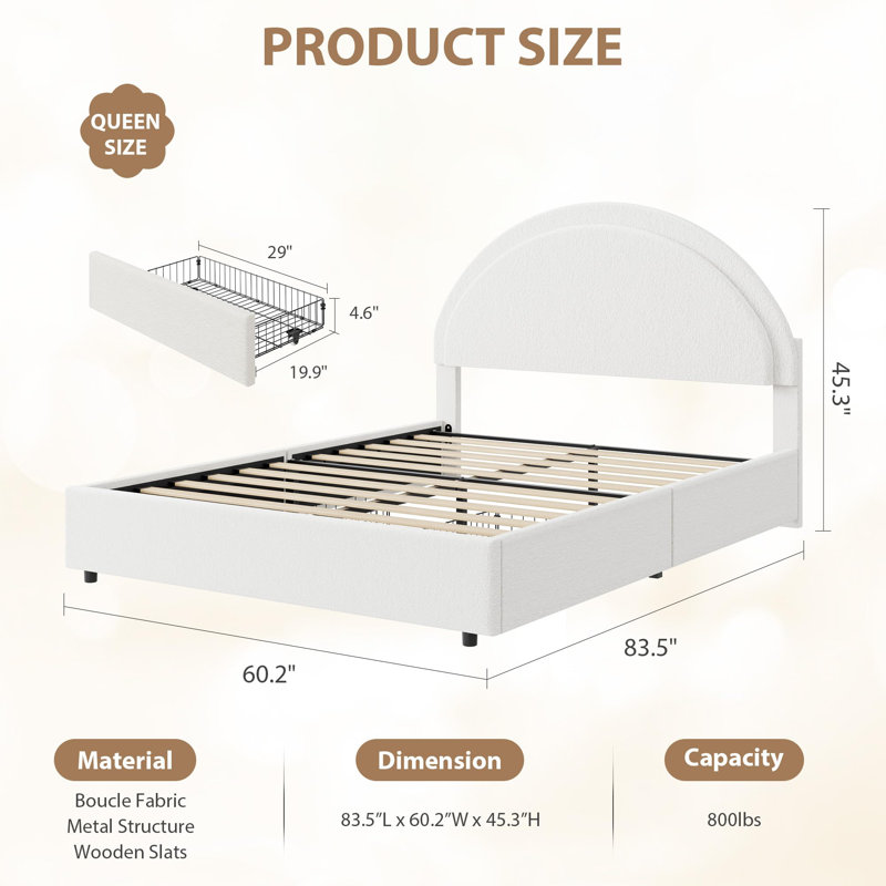 Base de lit tapissier grand format avec tête de lit ronde et 2 tiroirs de rangement, lattes en bois, silencieux, sans sommier tapissier, blanc