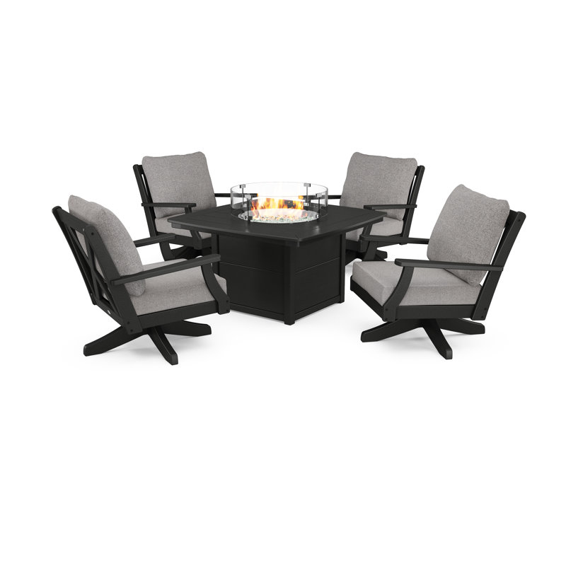 Braxton 5-Piece Deep Seating Swivel Conversation Set with Fire Pit Table, Grey, Black