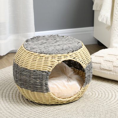 Wicker Cat House Rattan Raised Cat Bed with Soft Cushion 40 x 30cm