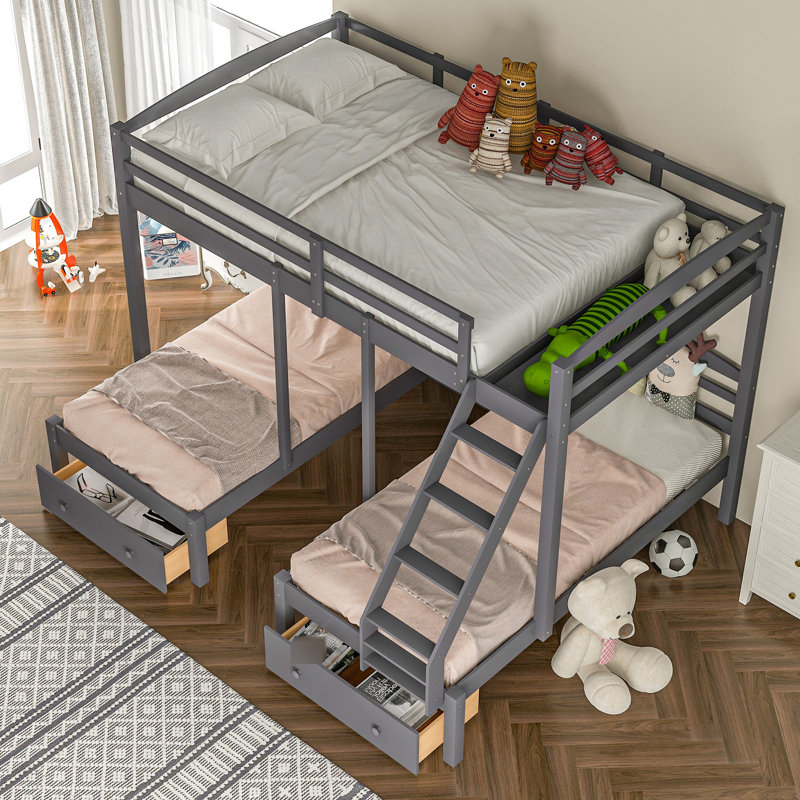 Gray Triple Bunk Bed With Drawer Functionality And Efficient Design - Solid Pine , Space Saving For Bedrooms Practical Made, User-