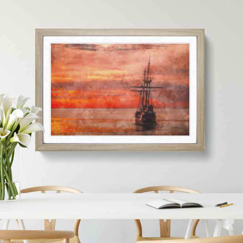 Ship at Sunset - Picture Frame Graphic Art, Oak Framed, 36cm H x 48cm W x 2cm D