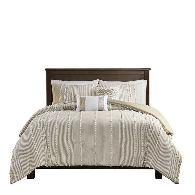 Housse de couette 100% coton teinté pour très grand lit avec des rayures taupe et blanches en chenille gracieuse 3 pièces Sweet