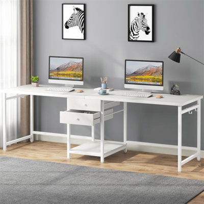 Bureau d'ordinateur 79 pouces pour deux personnes avec tiroirs et tablettes de rangement, table de travail double extra longue avec crochets, bureau d'écriture industriel pour bureau personnel, blanc