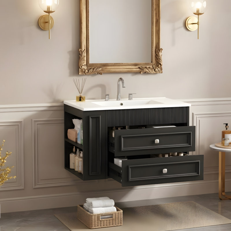 Meuble-lavabo mural 30 po, armoire de rangement flottante avec 2 tiroirs, lavabo simple en céramique à 3 trous, armoire moderne. Noir