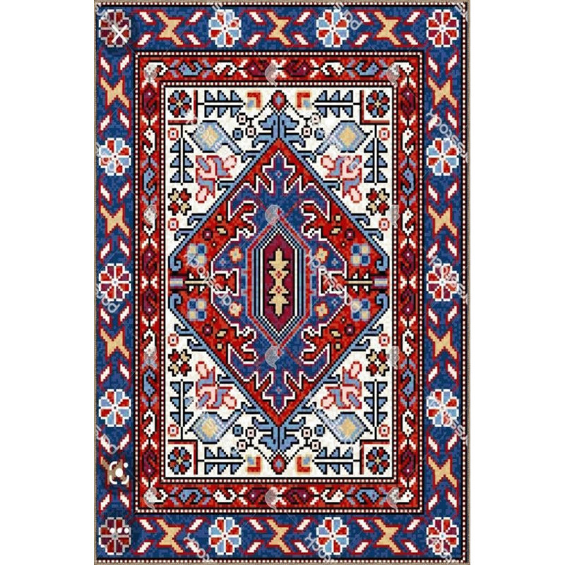 Blue Beige Themed Geometric Patterned Creative Modern Decorative Carpet, Rectangle 5'2" x 7'7"